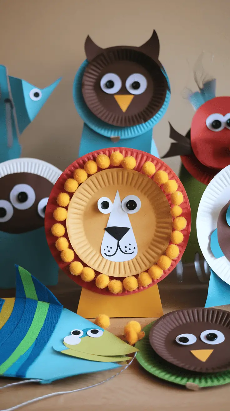 Colorful collection of paper plate animals including a lion, owl, fish, and more.