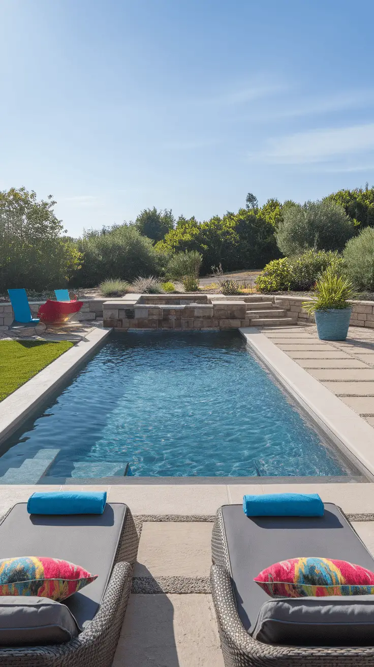 A serene plunge pool with deck chairs and colorful cushions, surrounded by greenery.