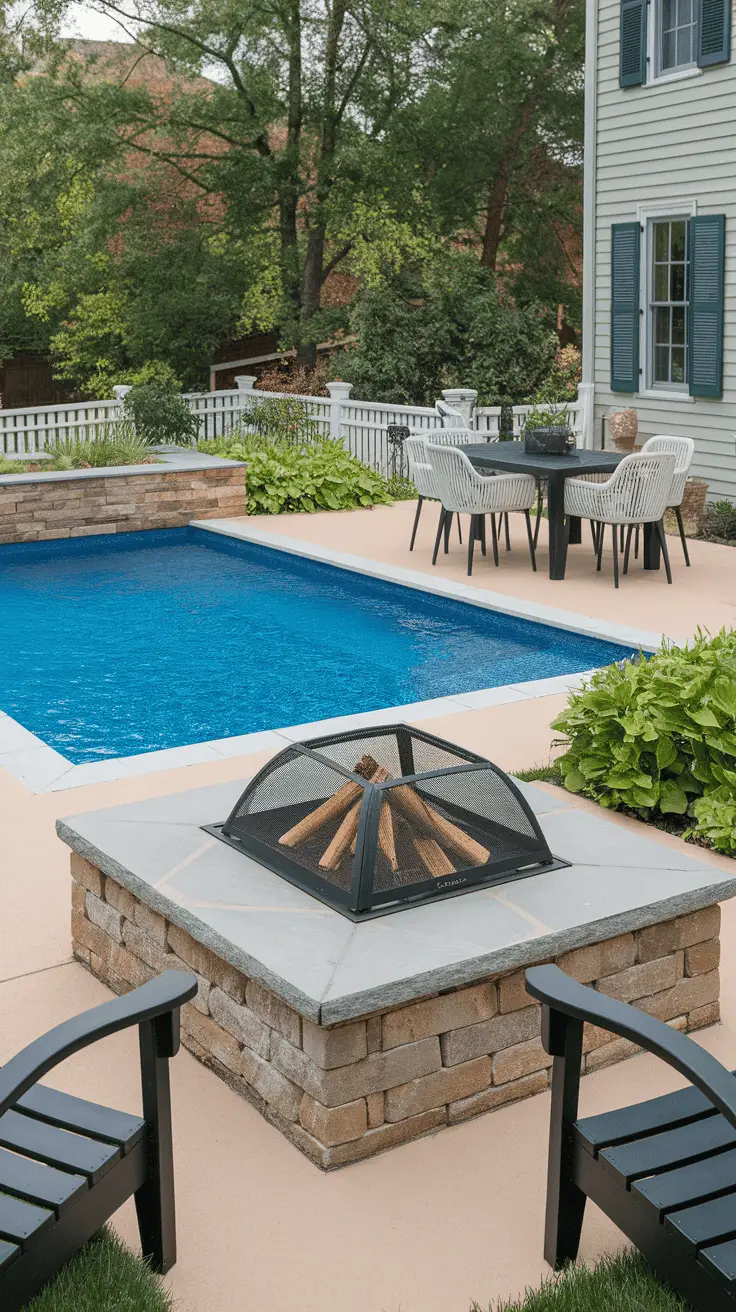 A rectangular pool with a fire pit surrounded by chairs and greenery.