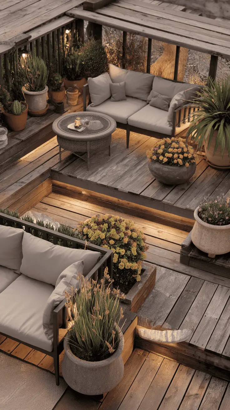 Cozy rustic wooden deck with comfortable seating, vibrant flower pots, and gentle lighting.