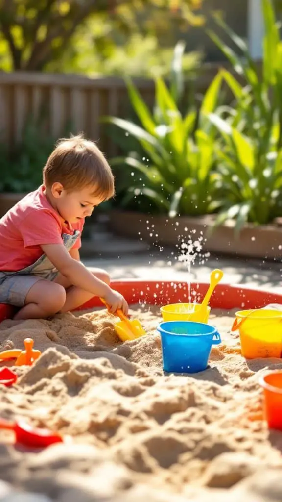 A young child playing in a sand and water play station with colorful buckets and toys.