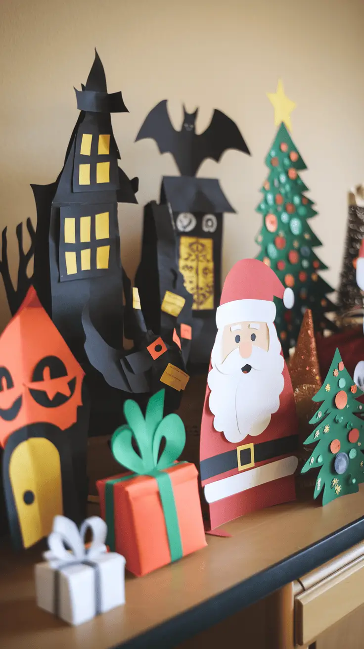 A collection of seasonal paper crafts including Santa, Halloween decorations, and Christmas trees.