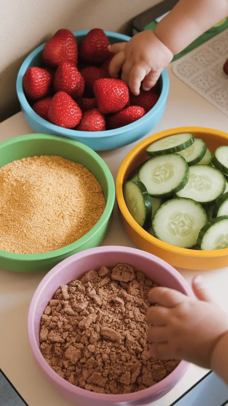 A colorful setup for sensory play with bowls of strawberries, cucumber slices, and different textures of sugar.