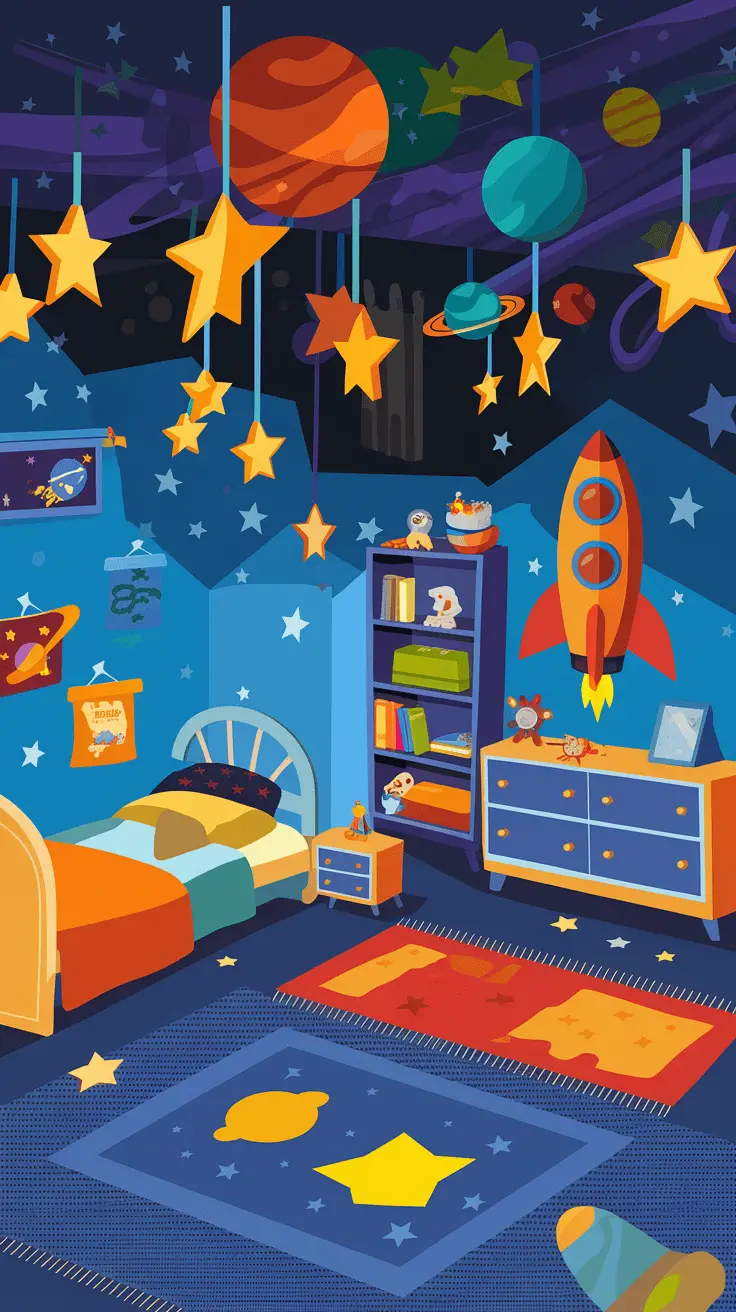 A colorful toddler boy's bedroom decorated with a space theme, featuring a rocket, stars, and planets.