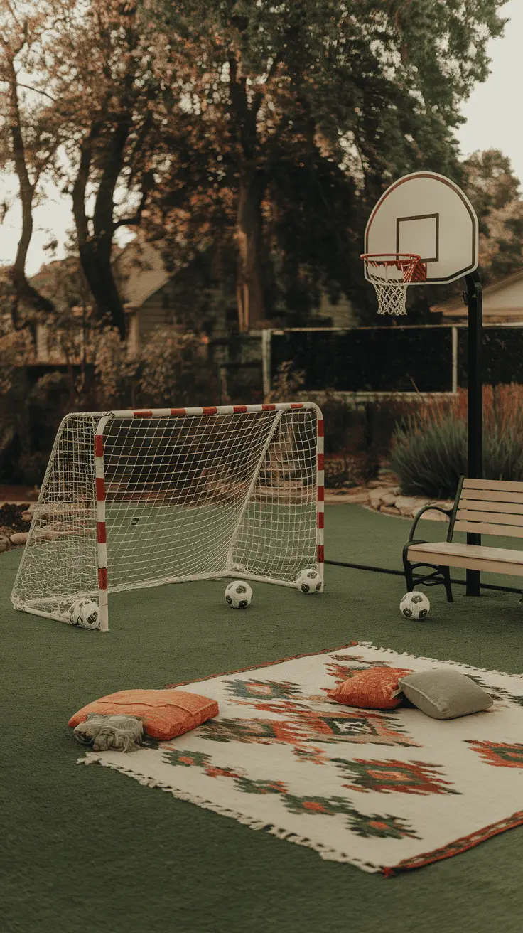 A vibrant backyard sports area with children playing soccer and engaging in various activities.