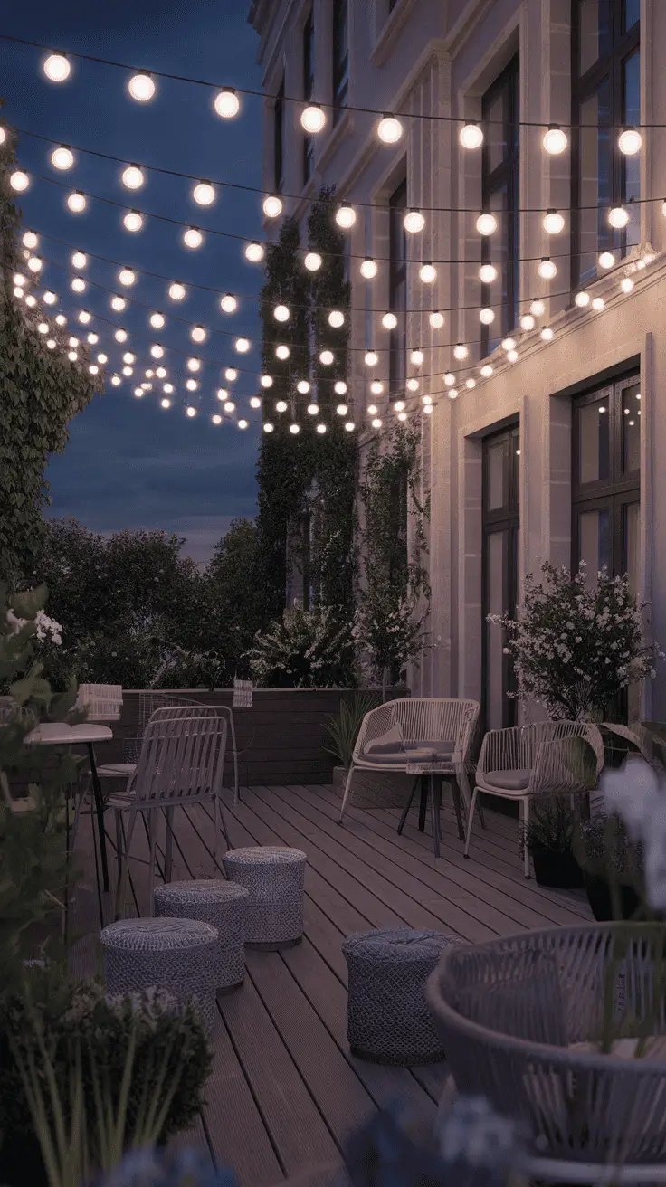 A beautifully lit outdoor patio with string lights overhead, stylish seating, and greenery.