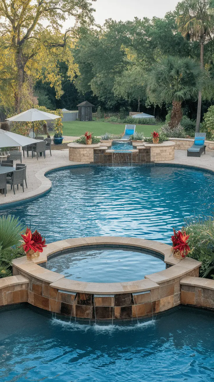 A beautiful pool area featuring a swim-up bar and a round hot tub surrounded by stone, with lounge chairs and dining tables nearby.