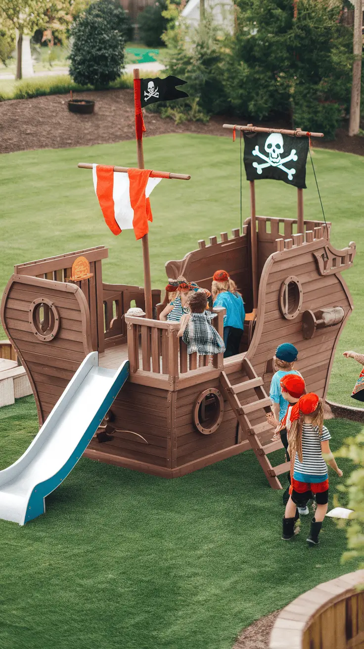 A pirate ship play fort for kids in a backyard.