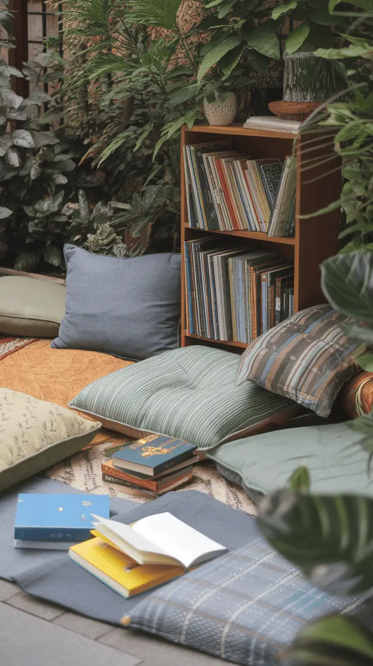 Children sitting on cushions in a backyard reading nook surrounded by plants and a bookshelf.