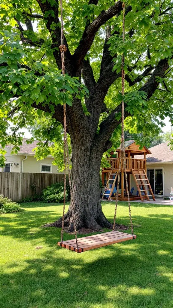 A tree swing hanging from a large tree with a climbing frame in the background.