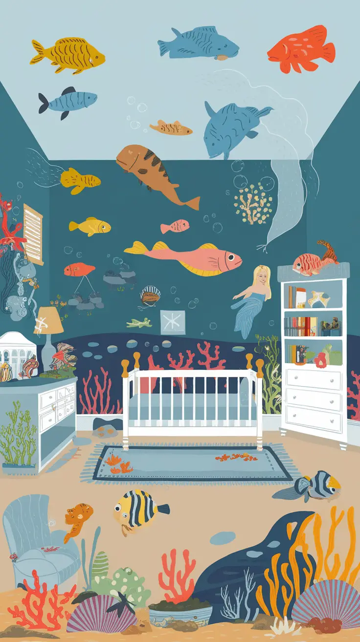 Colorful underwater-themed toddler boy bedroom with fish, coral, and mermaid decorations.