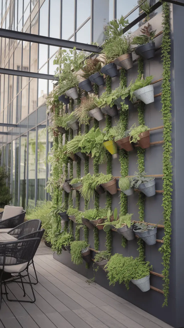 A vertical garden wall with various plants in colorful pots, showcasing a stylish outdoor living design.