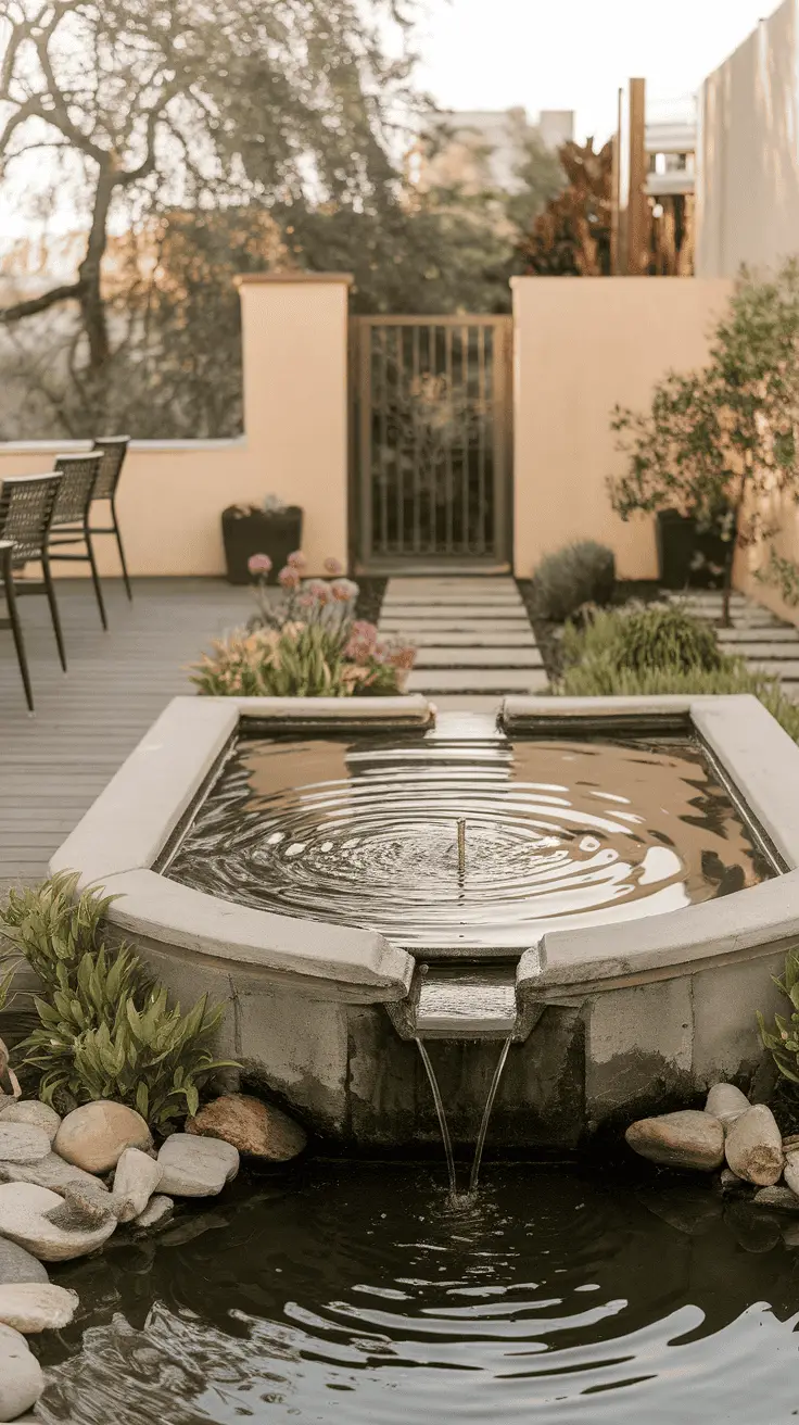 Tranquil water feature surrounded by plants and stones in a stylish outdoor space