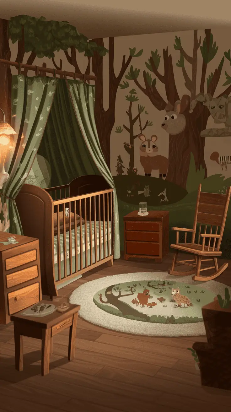 A cozy toddler boy bedroom with woodland theme, featuring animal illustrations, a crib, and wooden furniture.