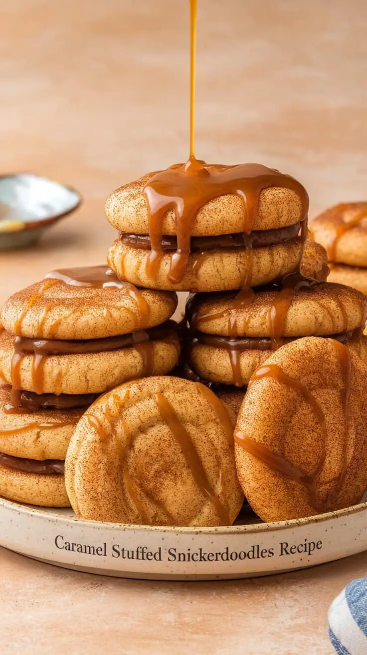 Delicious caramel stuffed snickerdoodles with a drizzle of caramel