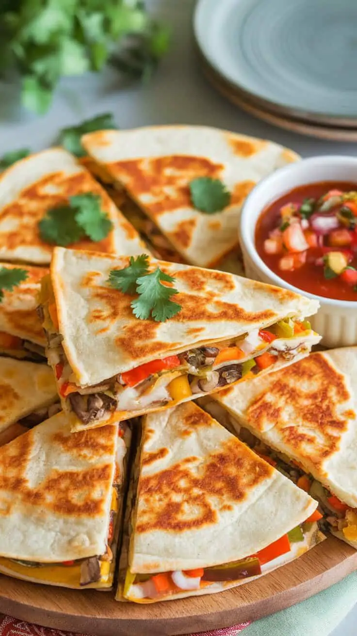 Cheesy veggie quesadillas sliced into wedges, served with salsa.