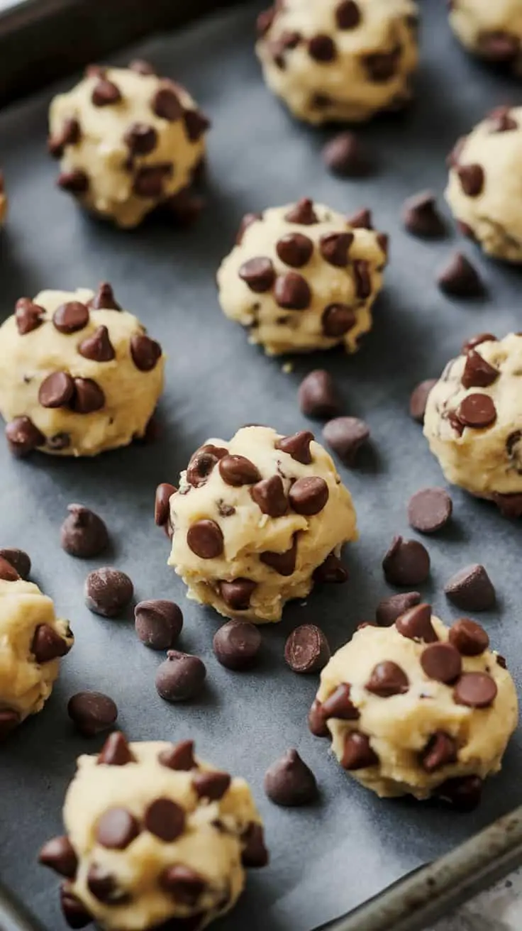 Chocolate chip cookie dough bites on a baking tray