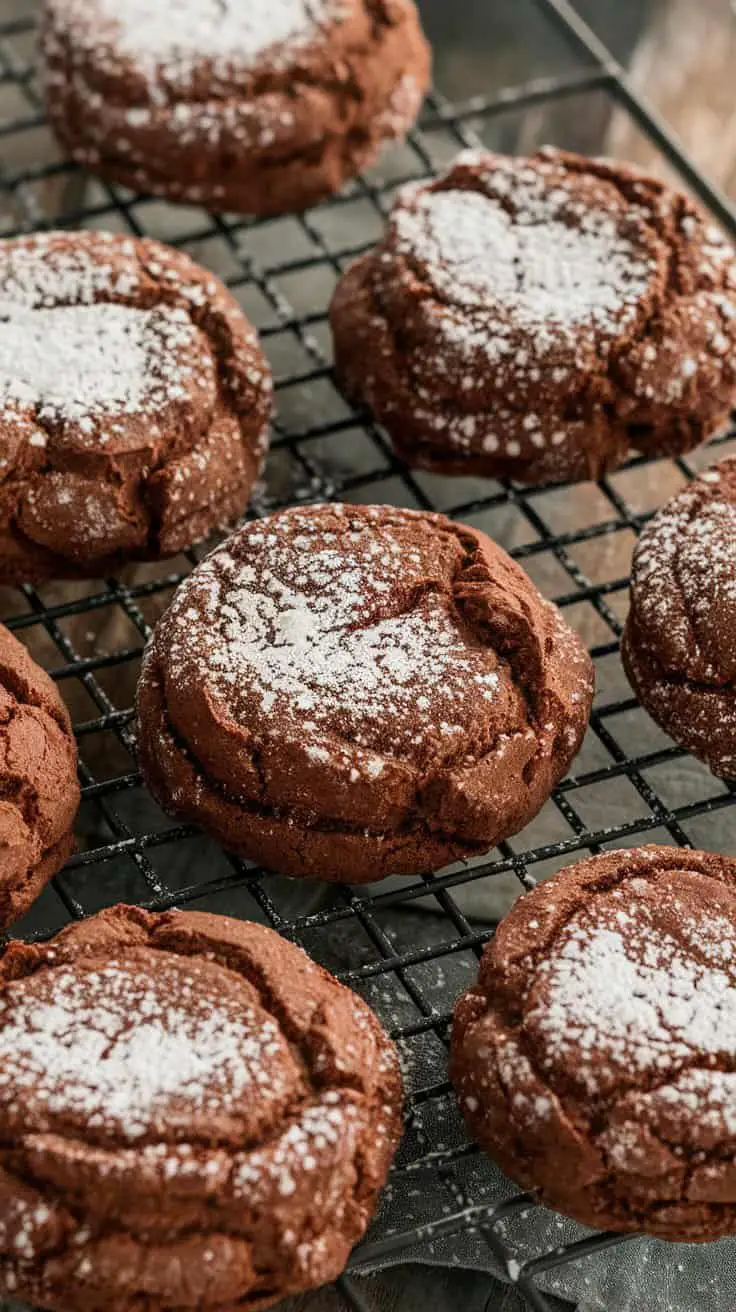 Delicious cocoa powder brownie cookies dusted with powdered sugar.