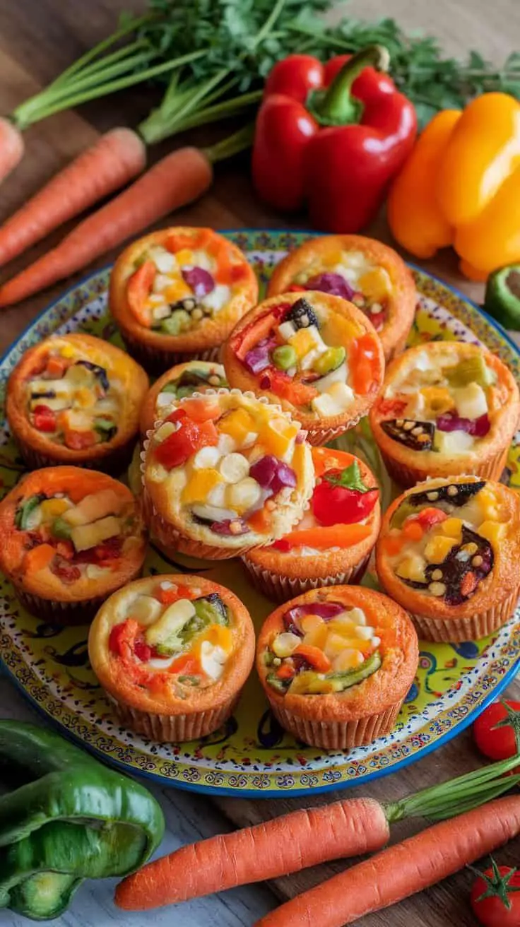 Plate of colorful veggie and cheese muffins surrounded by fresh vegetables.