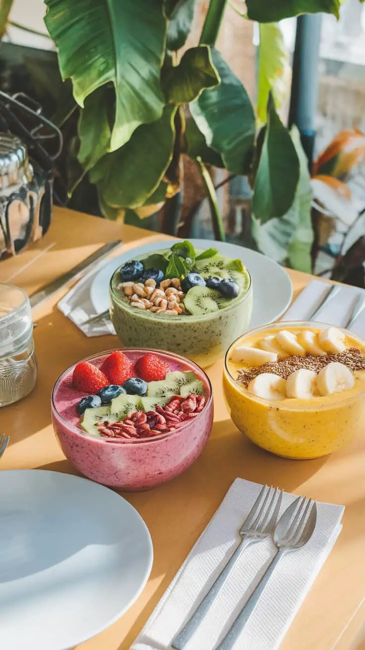 Colorful smoothie bowls topped with fresh fruits and granola.