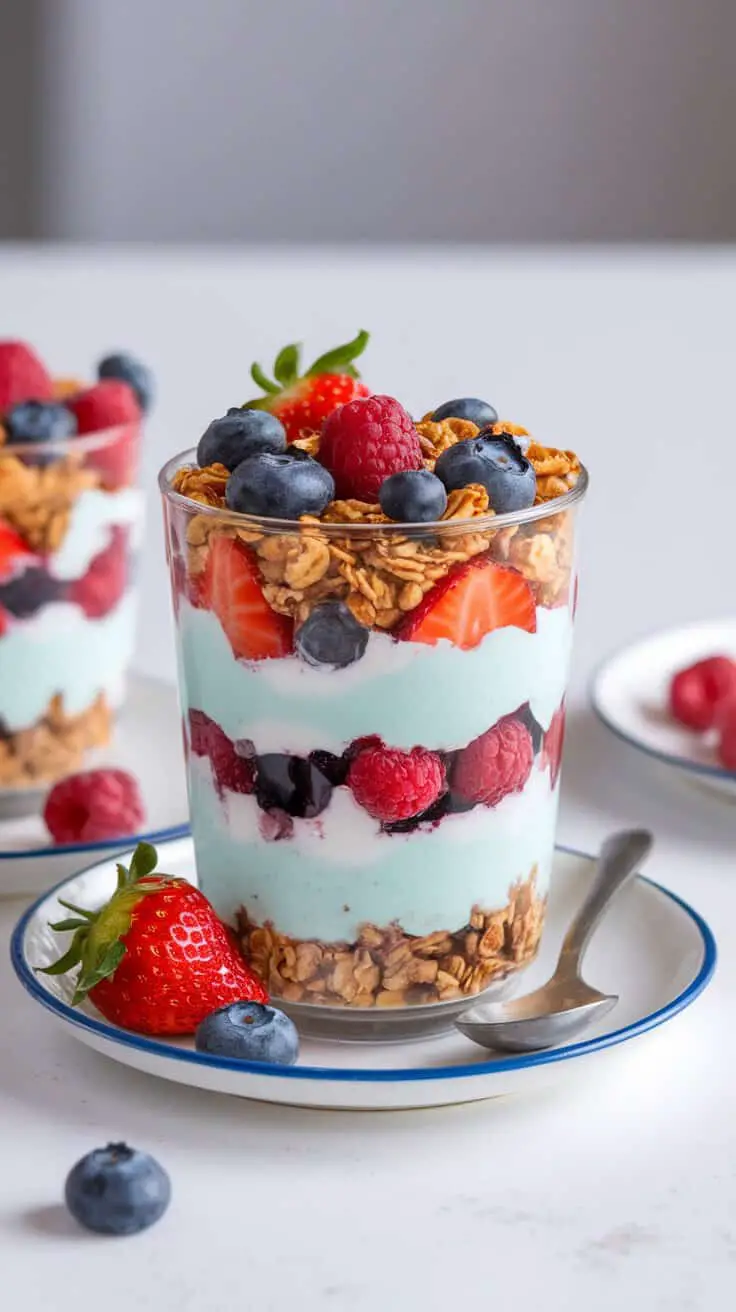 A delicious fruit and yogurt parfait in a clear cup with layers of yogurt, granola, and mixed berries.