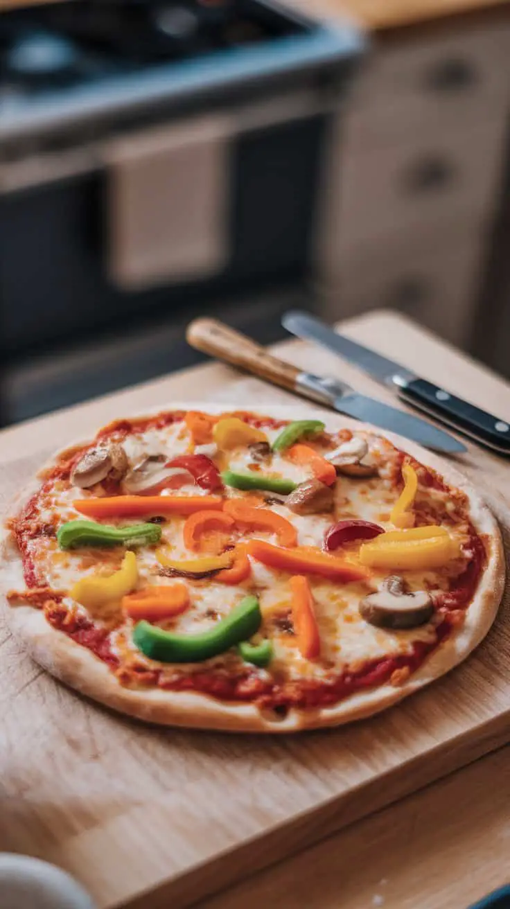 A colorful homemade pizza topped with bell peppers and mushrooms on a wooden cutting board.