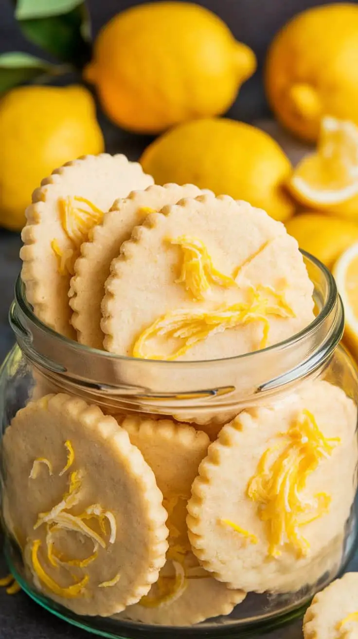 A jar of lemon zest shortbread cookies with fresh lemons in the background.