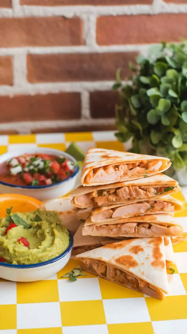 Mini chicken quesadillas with guacamole and salsa