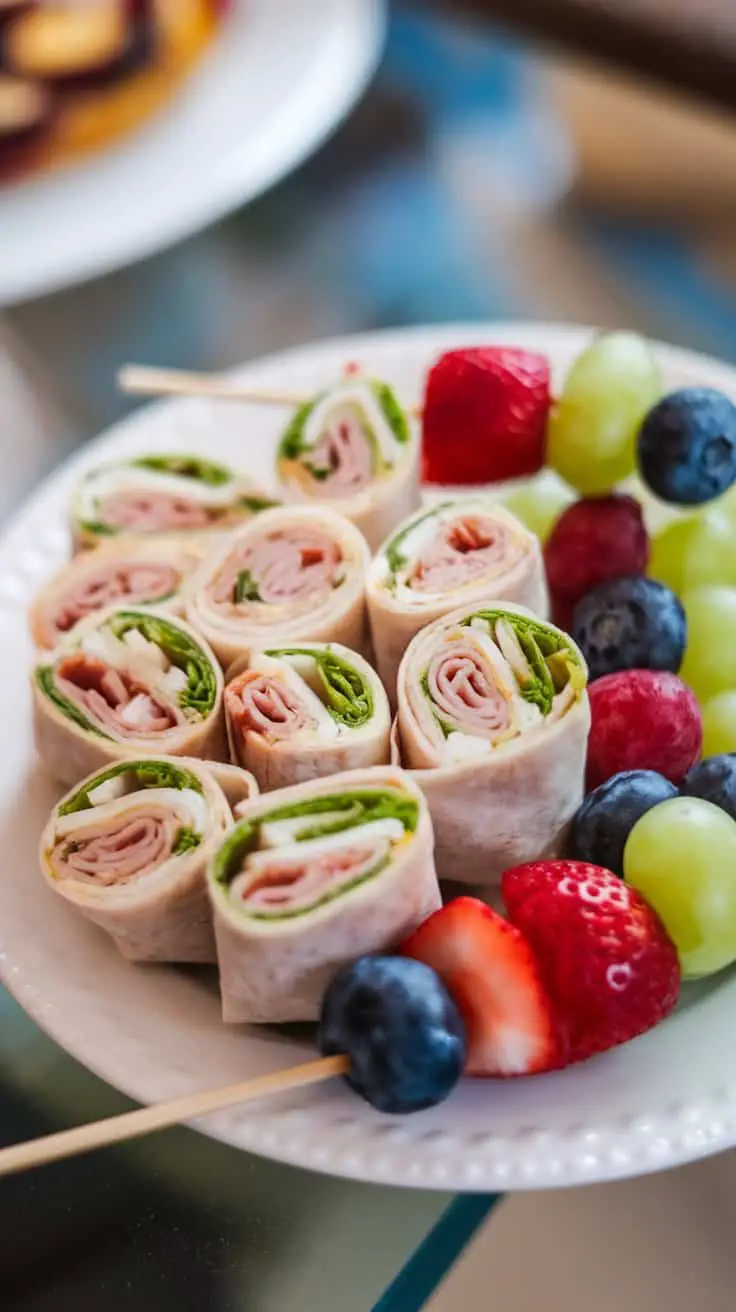Mini Turkey and Cheese Wraps served with fresh fruit