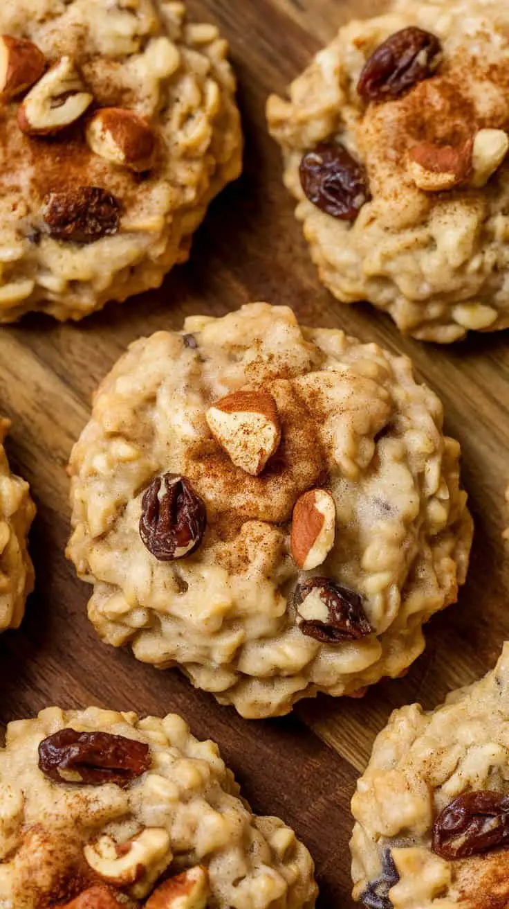 Oatmeal raisin cookies with nuts and a sprinkle of cinnamon on top.