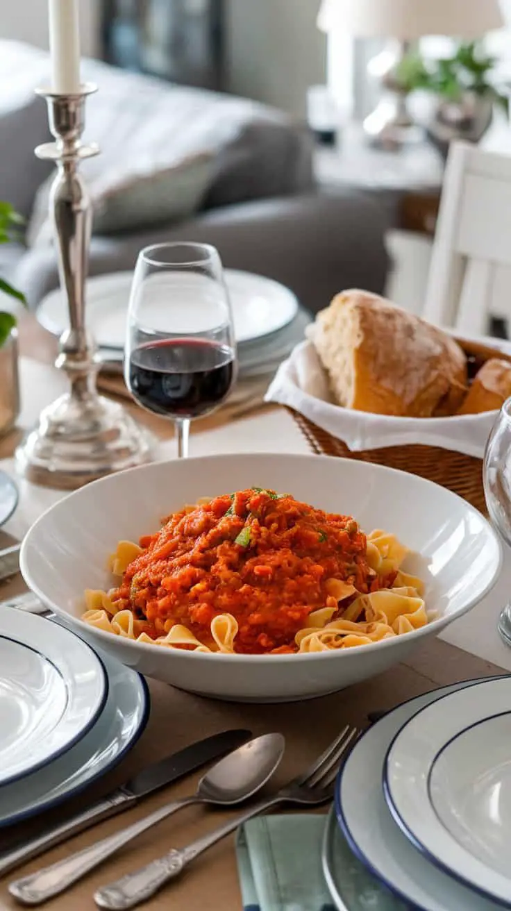 A bowl of pasta topped with a rich tomato sauce and garnished with basil, served with a side of bread.