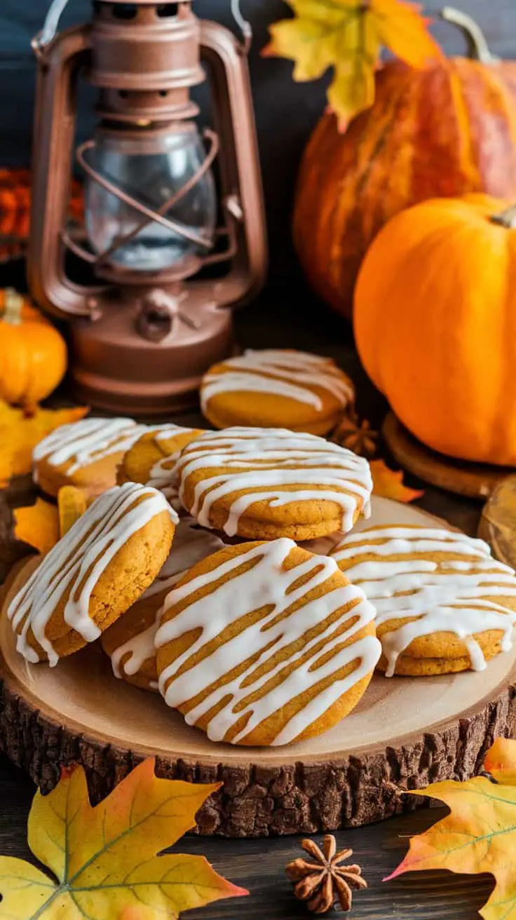 Delicious pumpkin spice cookies with icing on a wooden platter, surrounded by fall decorations.