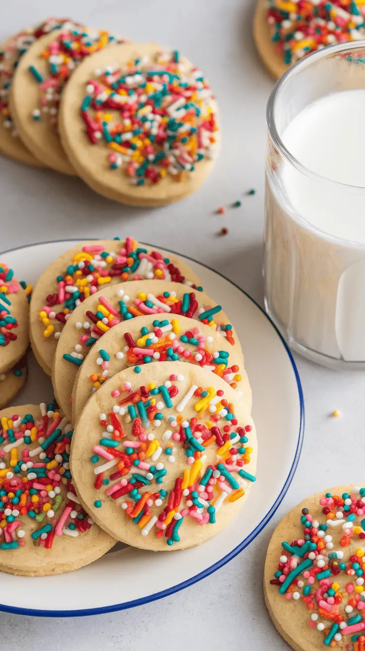 Colorful rainbow sprinkles sugar cookies on a plate with a glass of milk