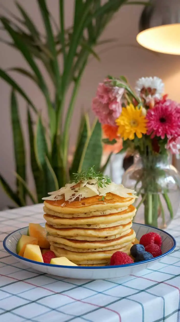 A stack of savory pancakes served with fresh fruit and herbs.