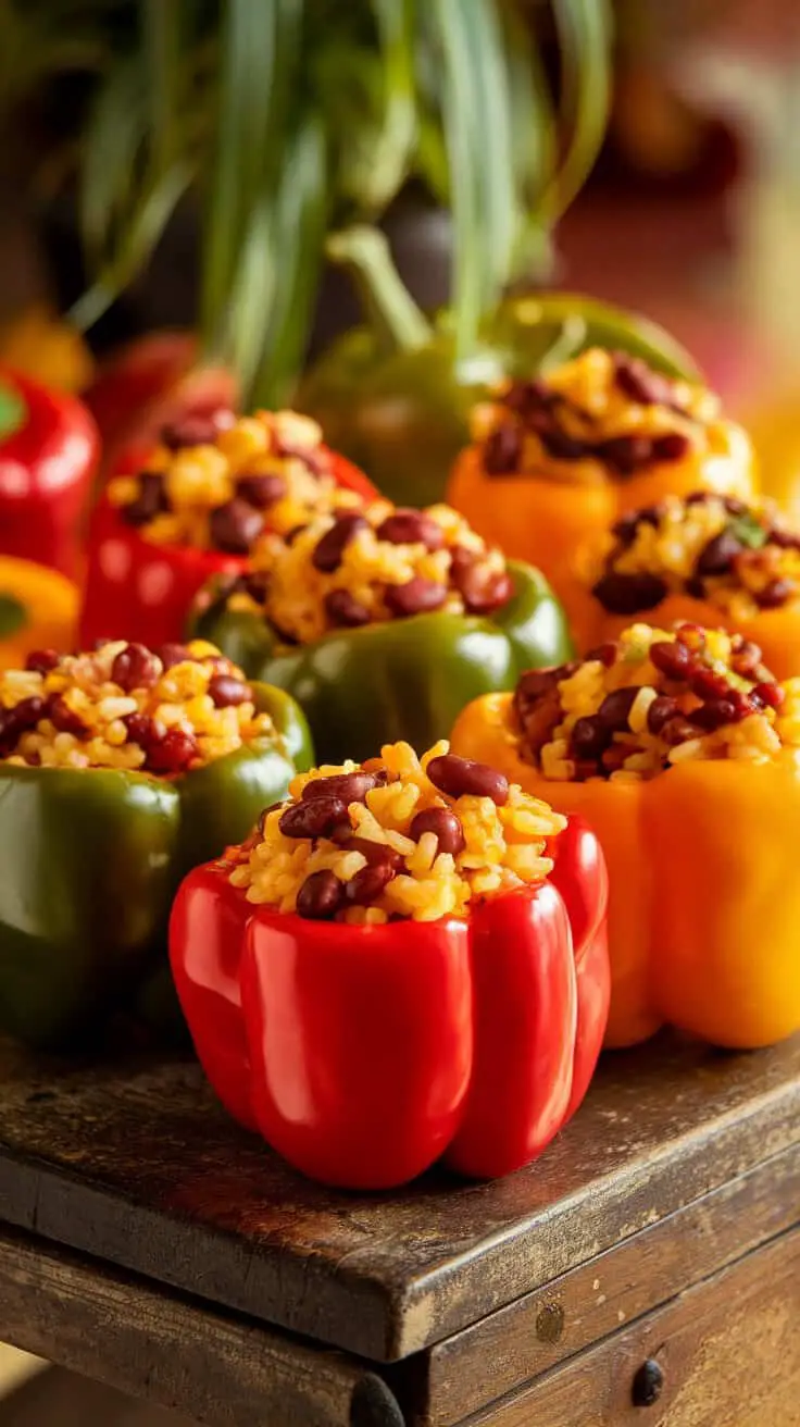Colorful stuffed bell peppers filled with rice and beans on a wooden table.
