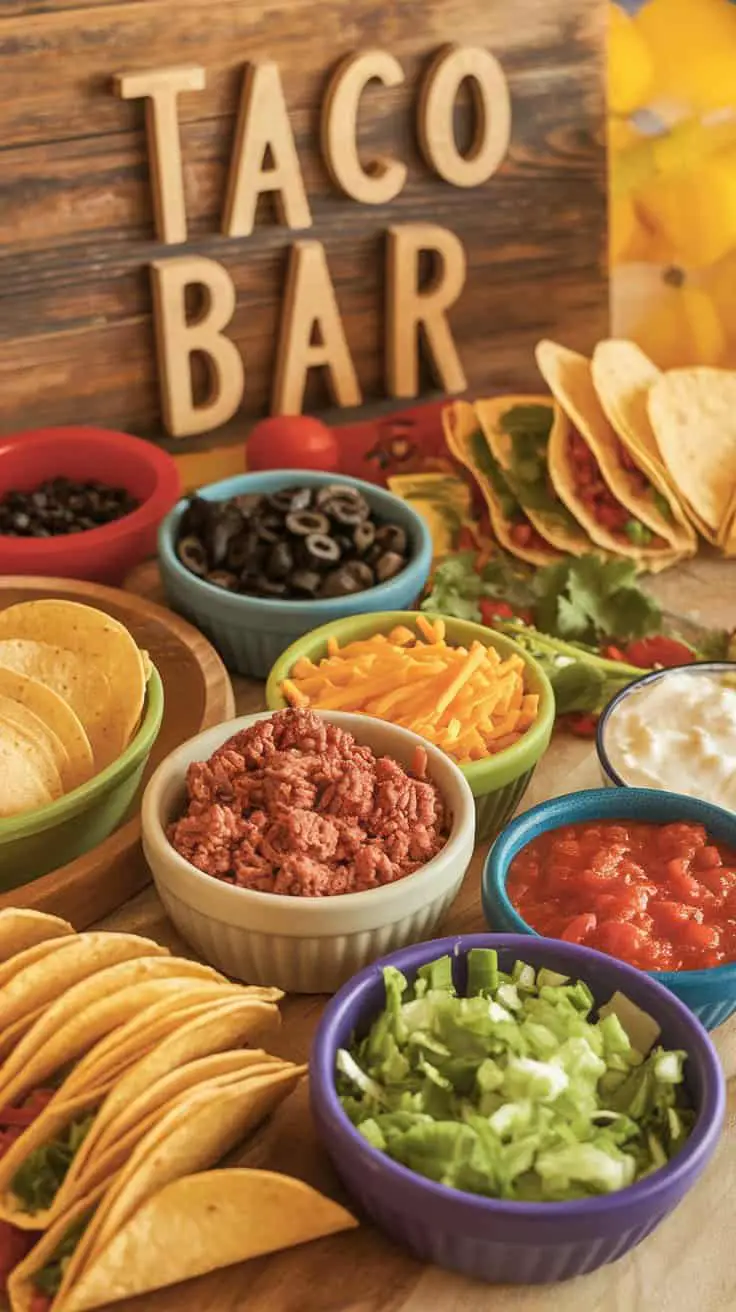 A colorful taco bar setup with various kid-friendly fillings and toppings.