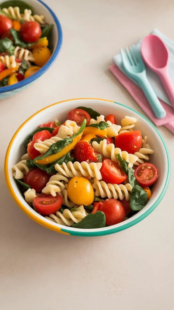 A bowl of veggie-packed pasta salad with colorful cherry tomatoes, spinach, and bell peppers