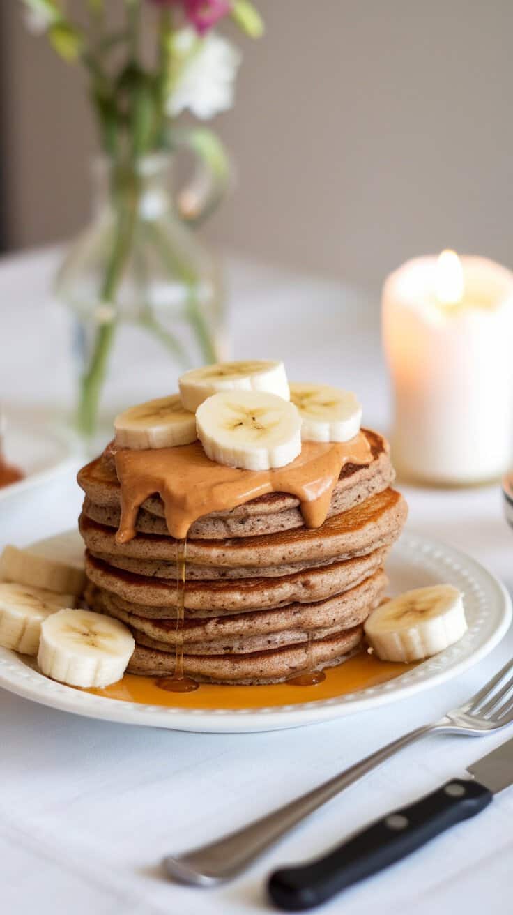 Whole grain pancake sandwiches stacked with banana slices and drizzled with syrup