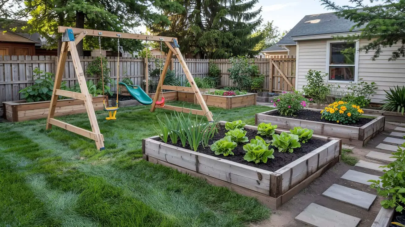 Family Backyard Play Spaces with Built-In Raised Bed Garden Beds